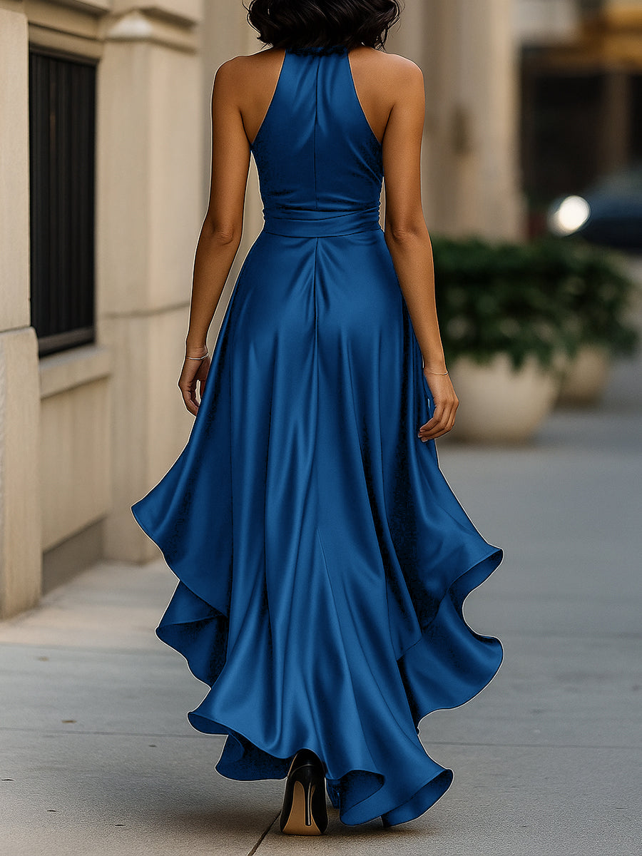 Arabella | Satin Halter Wrap Formal Maxi Dress with Ruffle Hem