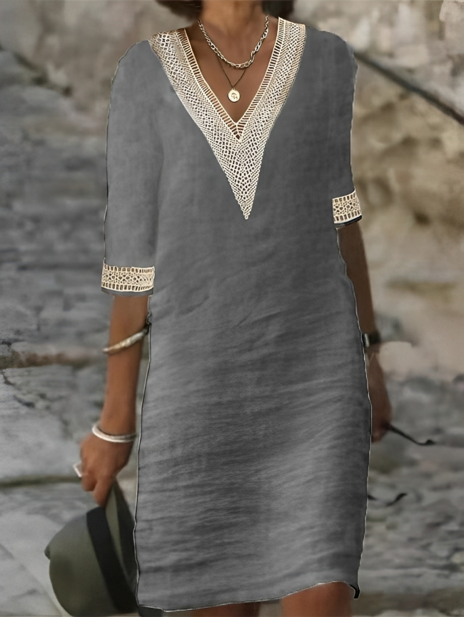 Aegean | Lace Trim V-Neck Linen Summer Dress