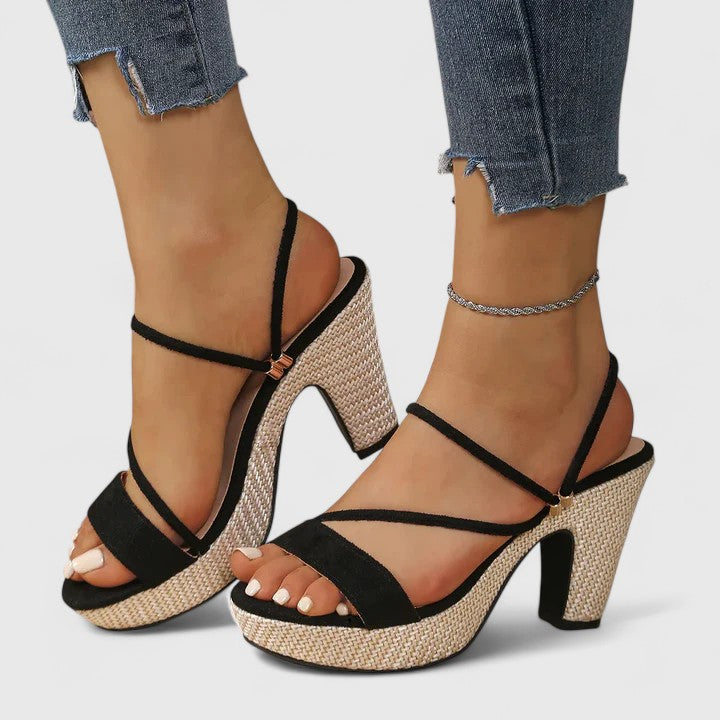 Riviera | Strappy Open Toe Raffia Platform Block Heels