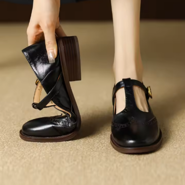 Clementine | Brogue T-Bar Mary Jane Flats with Gold Buckle