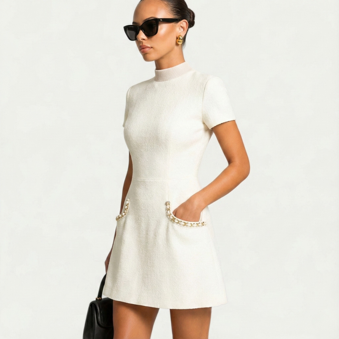Cecelia | Pearl Trim Tweed Cap Sleeve Formal Dress