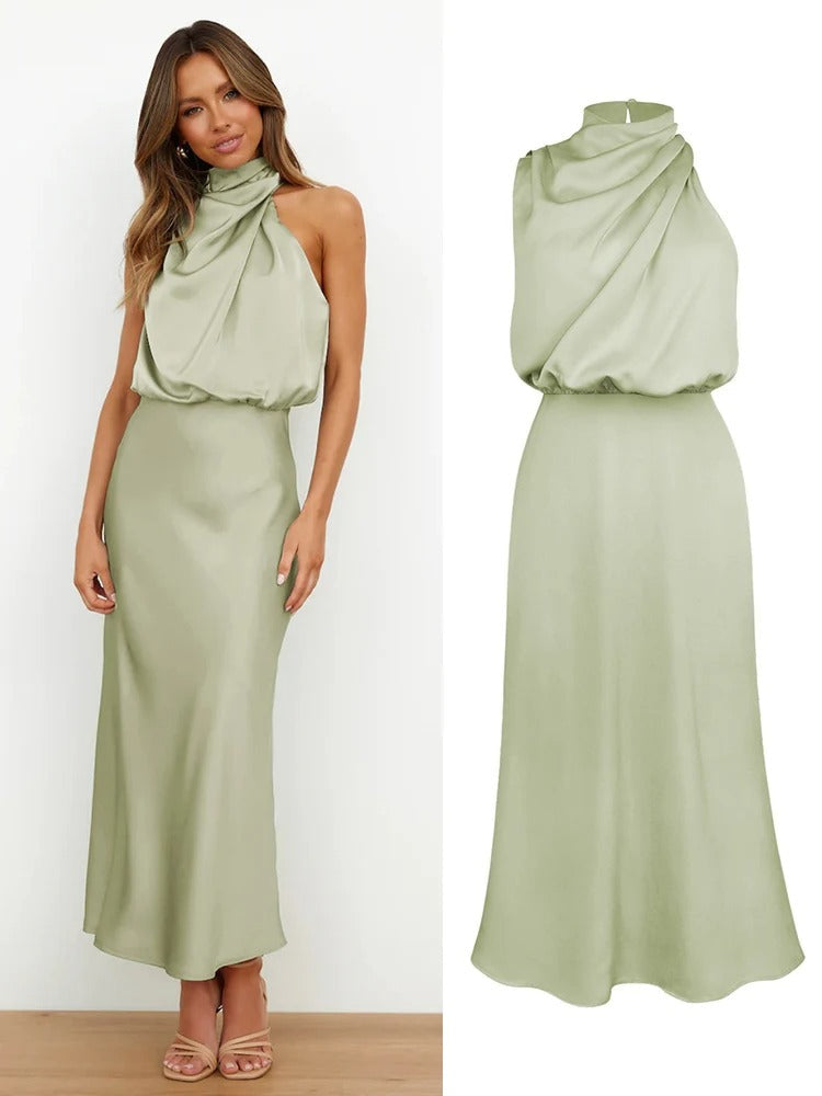 Odessa | Cowl Drape Satin Halter Neck Maxi Dress