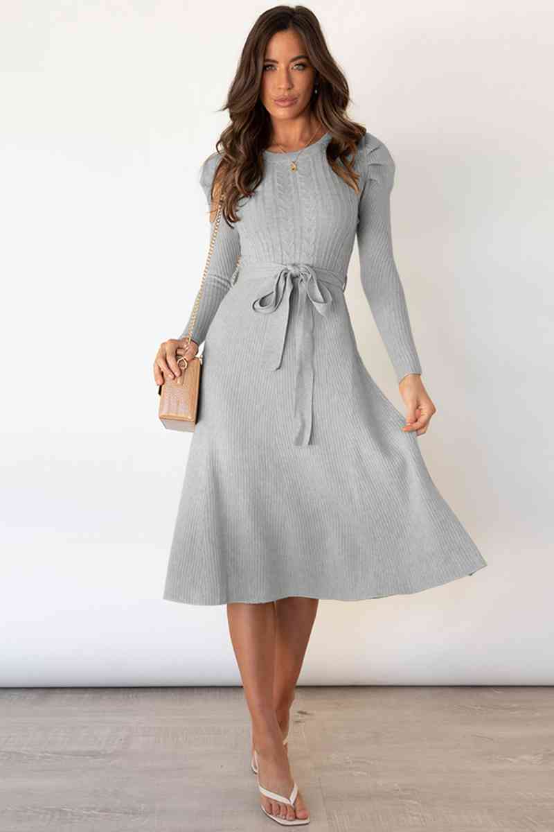 Audrey | Women's Cable Knit Dress with Puff Shoulders