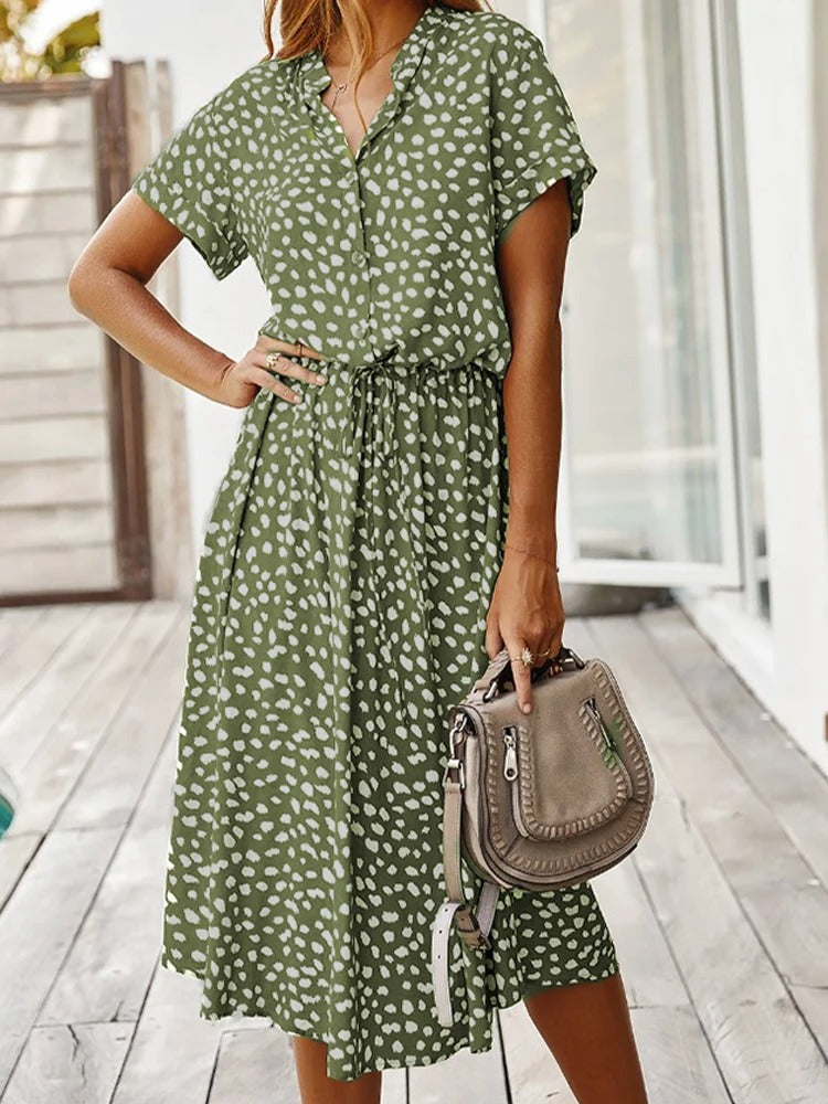 Cosette | Spot Print Drawstring Waist Wedding Guest Dress
