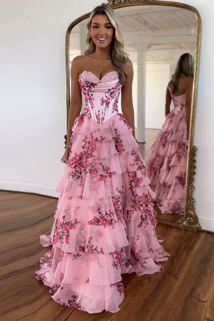 Juliette | Strapless Floral Print Corset Tiered Wedding Guest Dress
