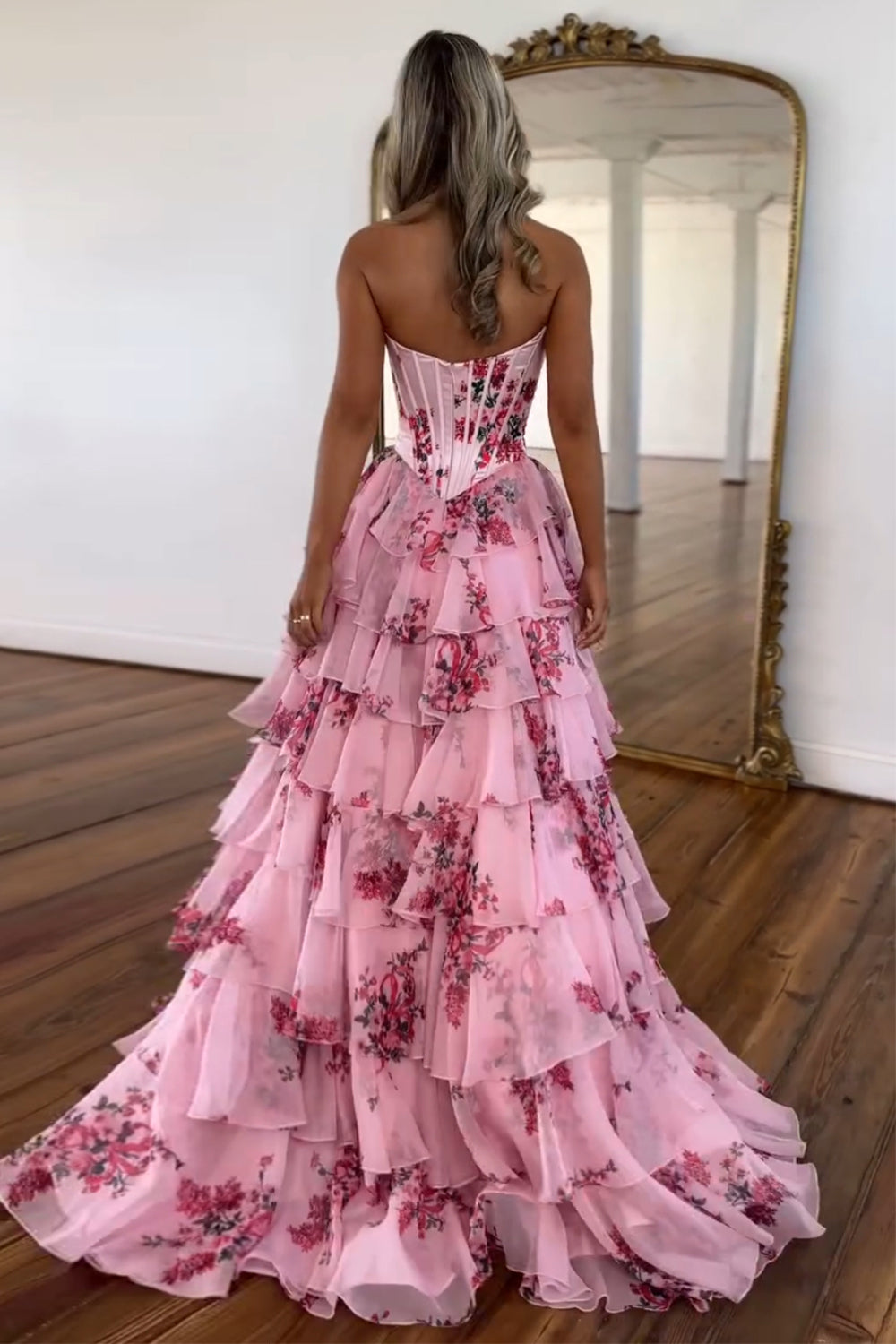 Juliette | Strapless Floral Print Corset Tiered Wedding Guest Dress