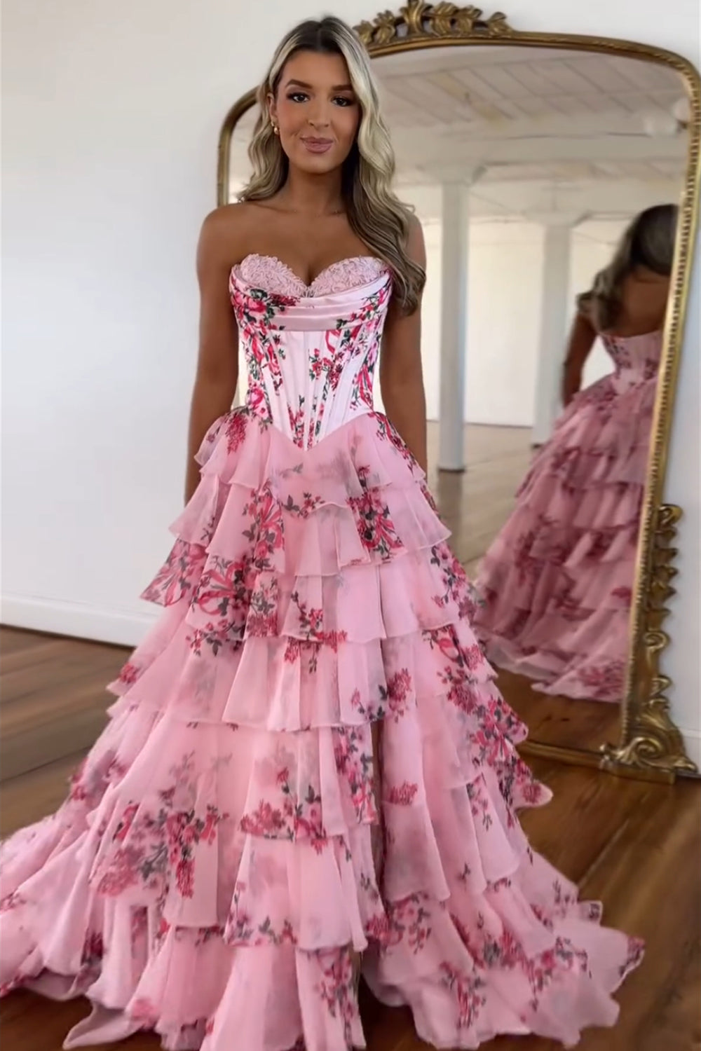 Juliette | Strapless Floral Print Corset Tiered Wedding Guest Dress