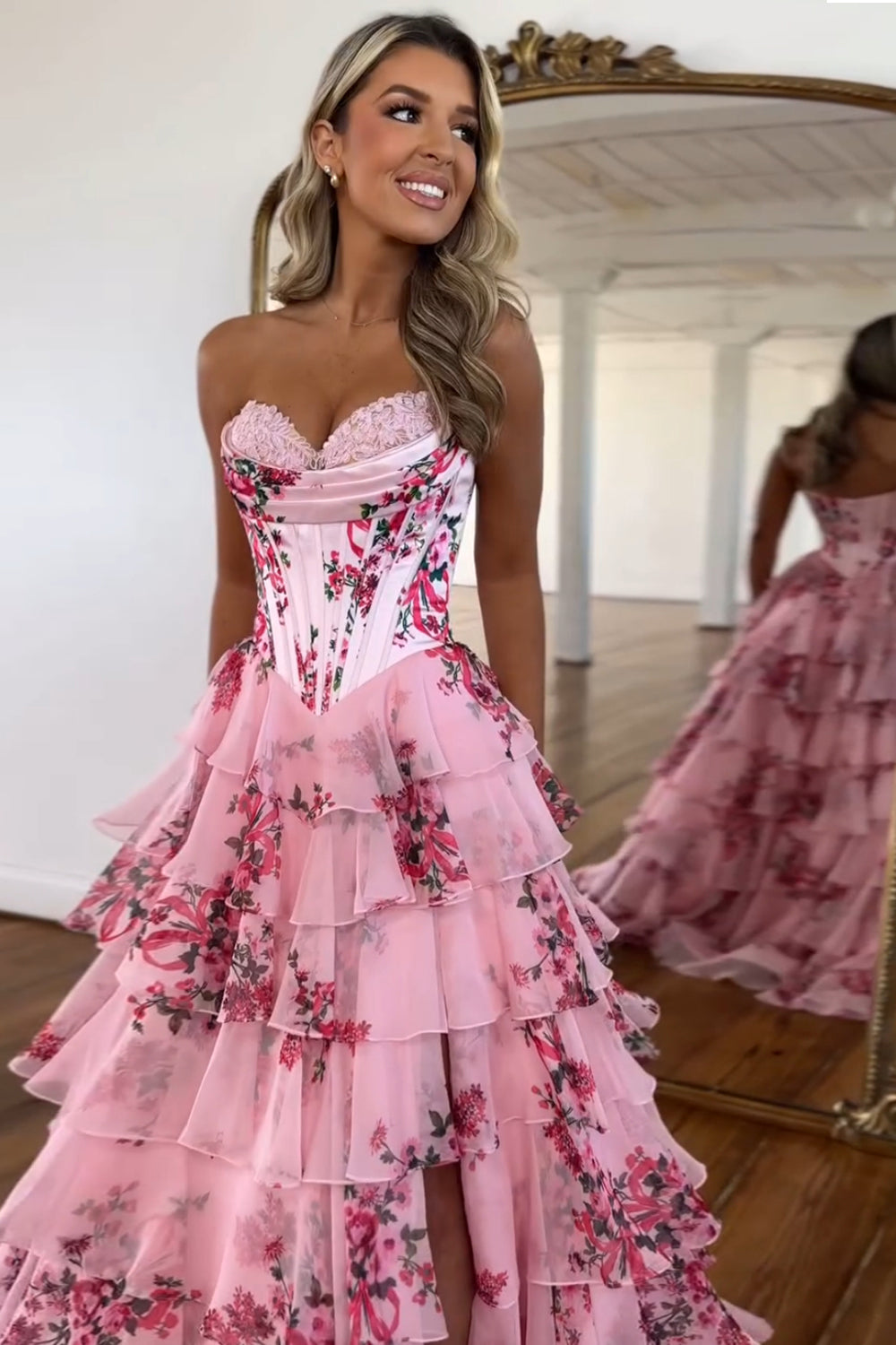Juliette | Strapless Floral Print Corset Tiered Wedding Guest Dress