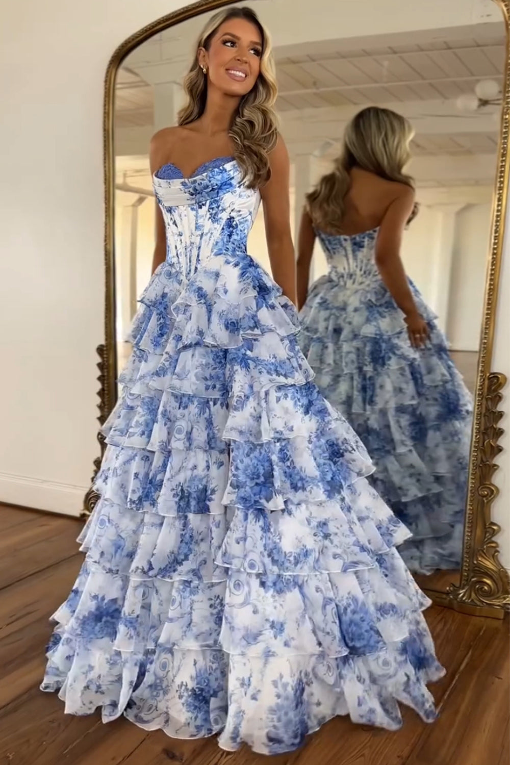 Juliette | Strapless Floral Print Corset Tiered Wedding Guest Dress