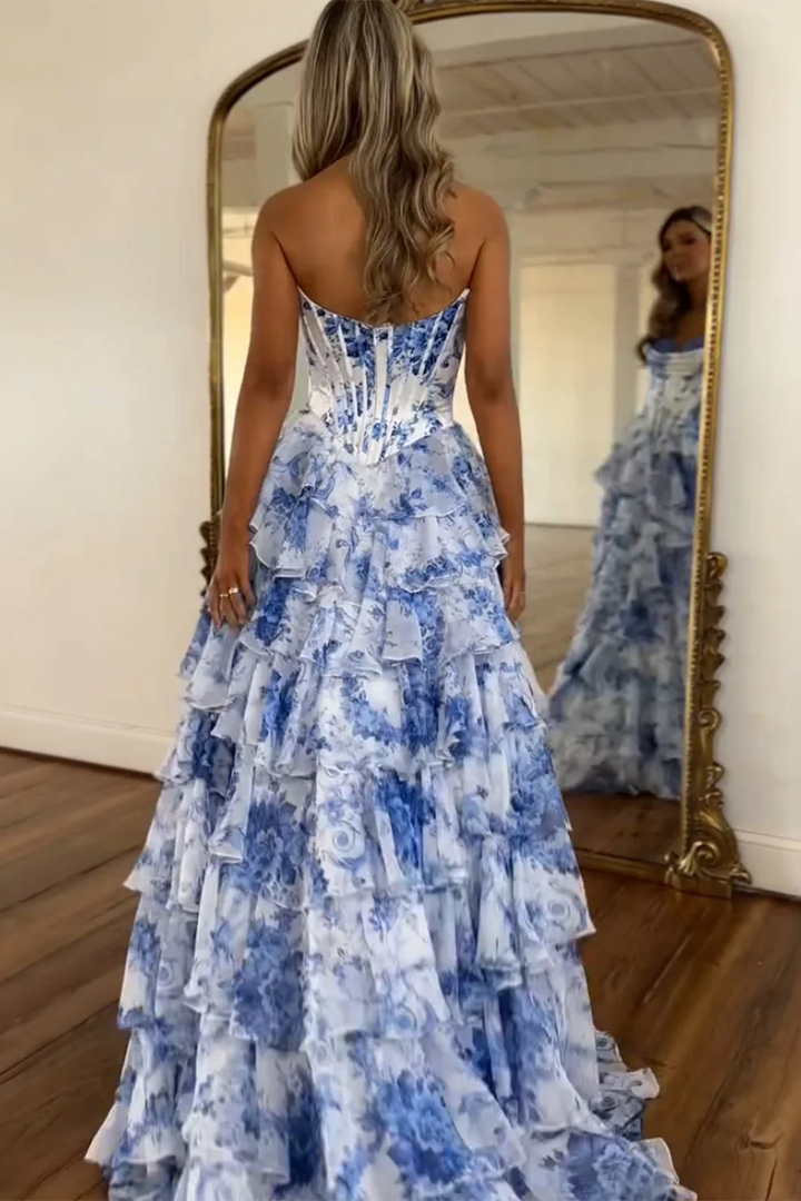 Juliette | Strapless Floral Print Corset Tiered Wedding Guest Dress