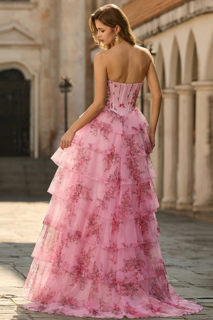 Juliette | Strapless Floral Print Corset Tiered Wedding Guest Dress