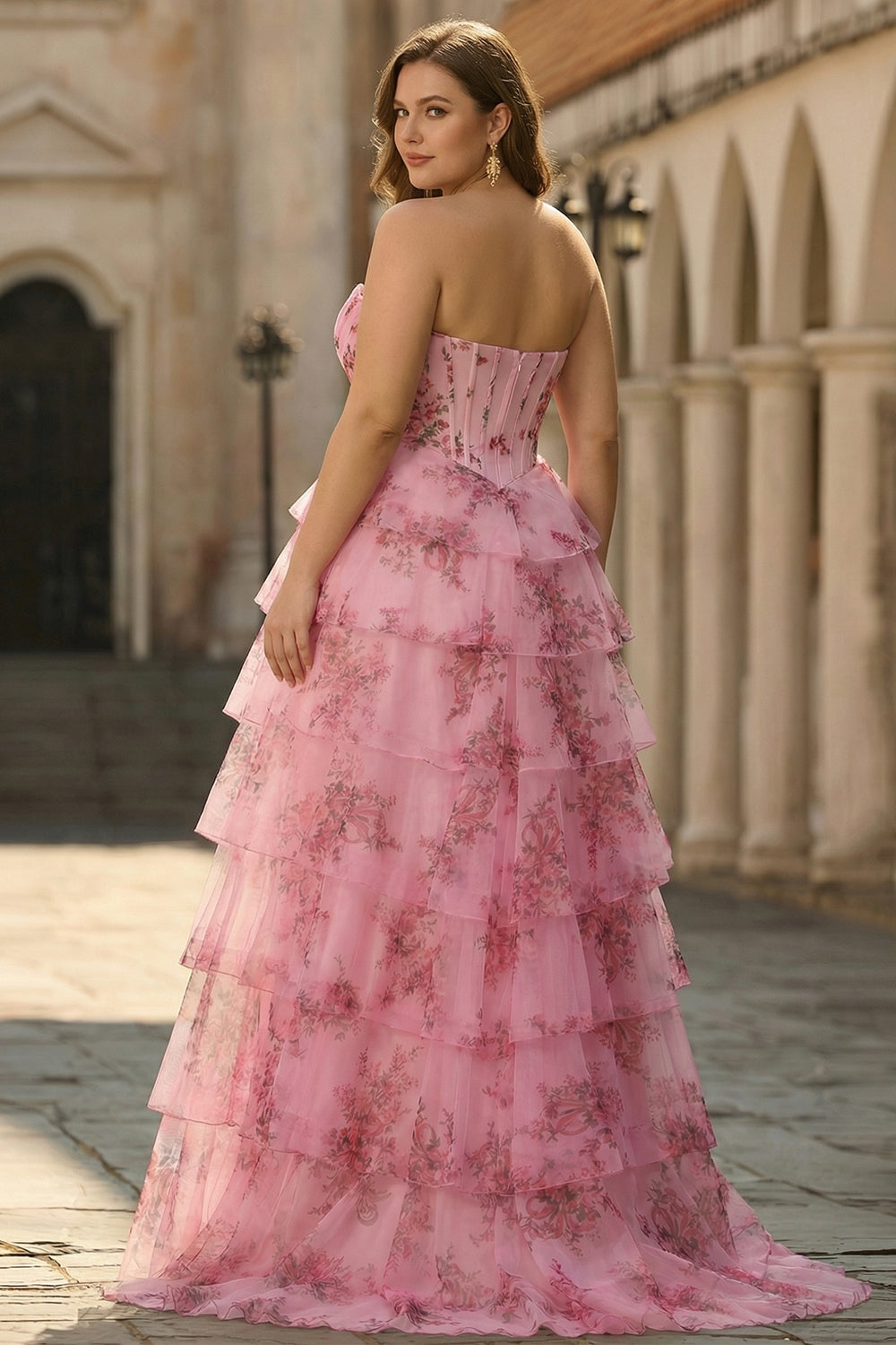 Juliette | Strapless Floral Print Corset Tiered Wedding Guest Dress