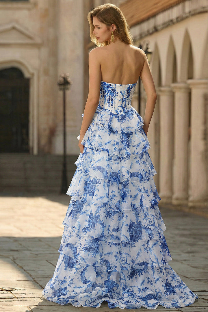 Juliette | Strapless Floral Print Corset Tiered Wedding Guest Dress