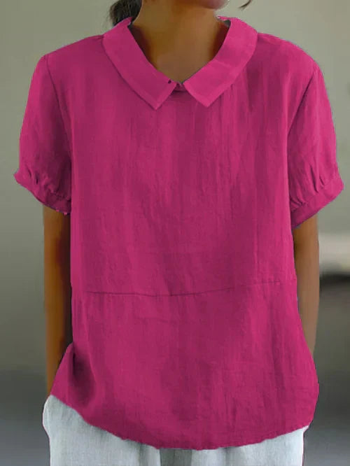 Dovecollar | Contrast Peter Pan Collar Short Sleeve Linen Blouse