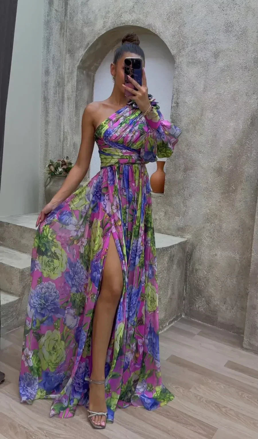 Seraphina | One Shoulder Floral Maxi Dress with Thigh Split