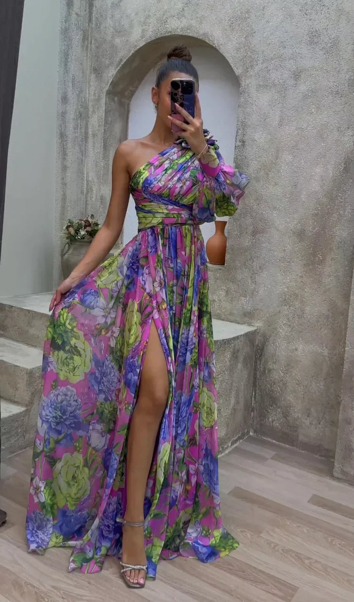 Seraphina | One Shoulder Floral Maxi Dress with Thigh Split