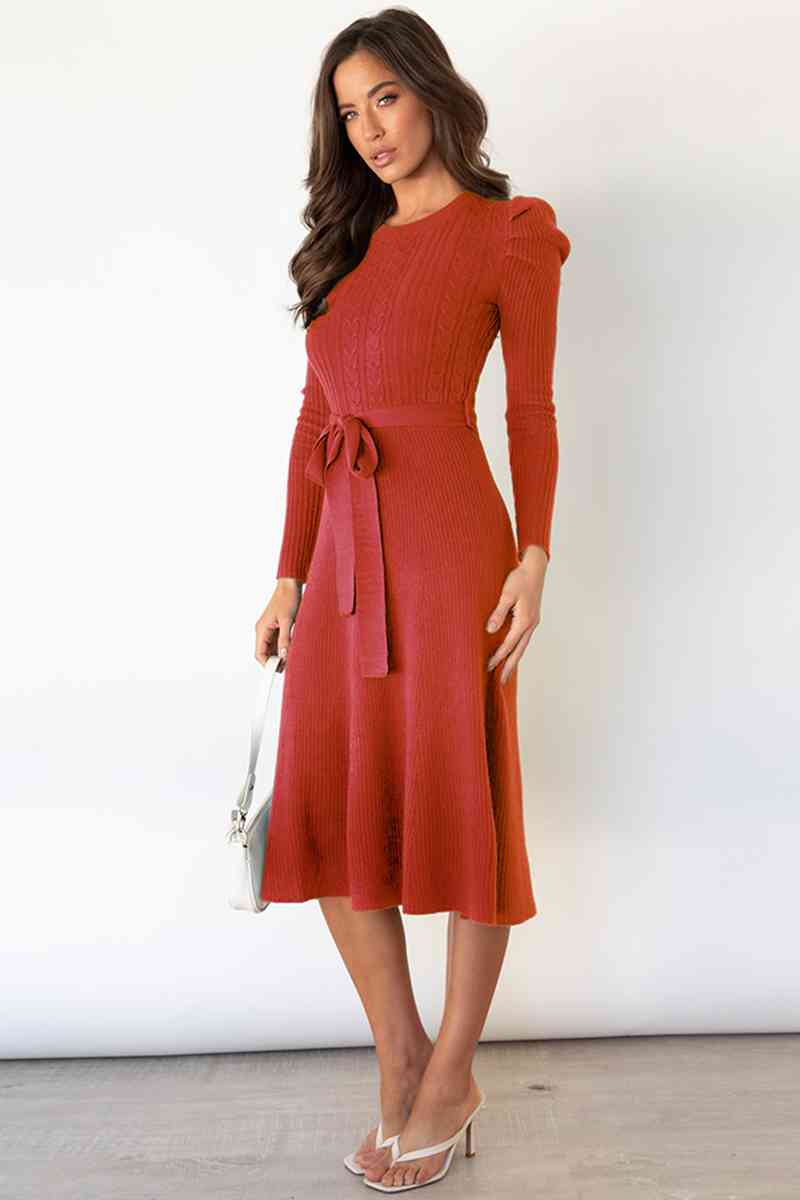 Audrey | Women's Cable Knit Dress with Puff Shoulders