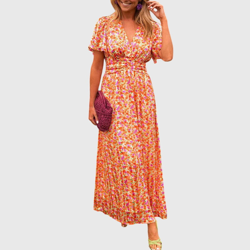 Soleil | Floral Pleated Maxi V-Neck Summer Dress