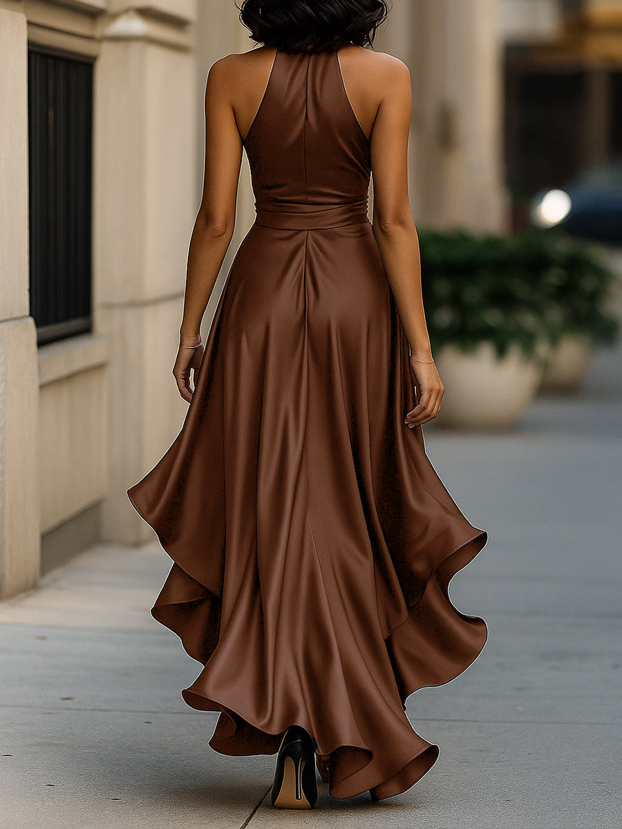 Arabella | Satin Halter Wrap Formal Maxi Dress with Ruffle Hem