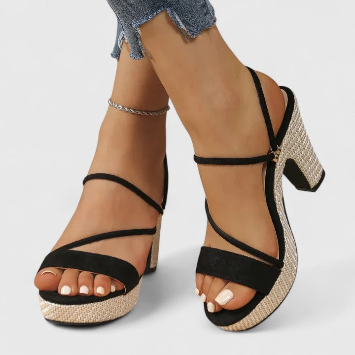 Riviera | Strappy Open Toe Raffia Platform Block Heels