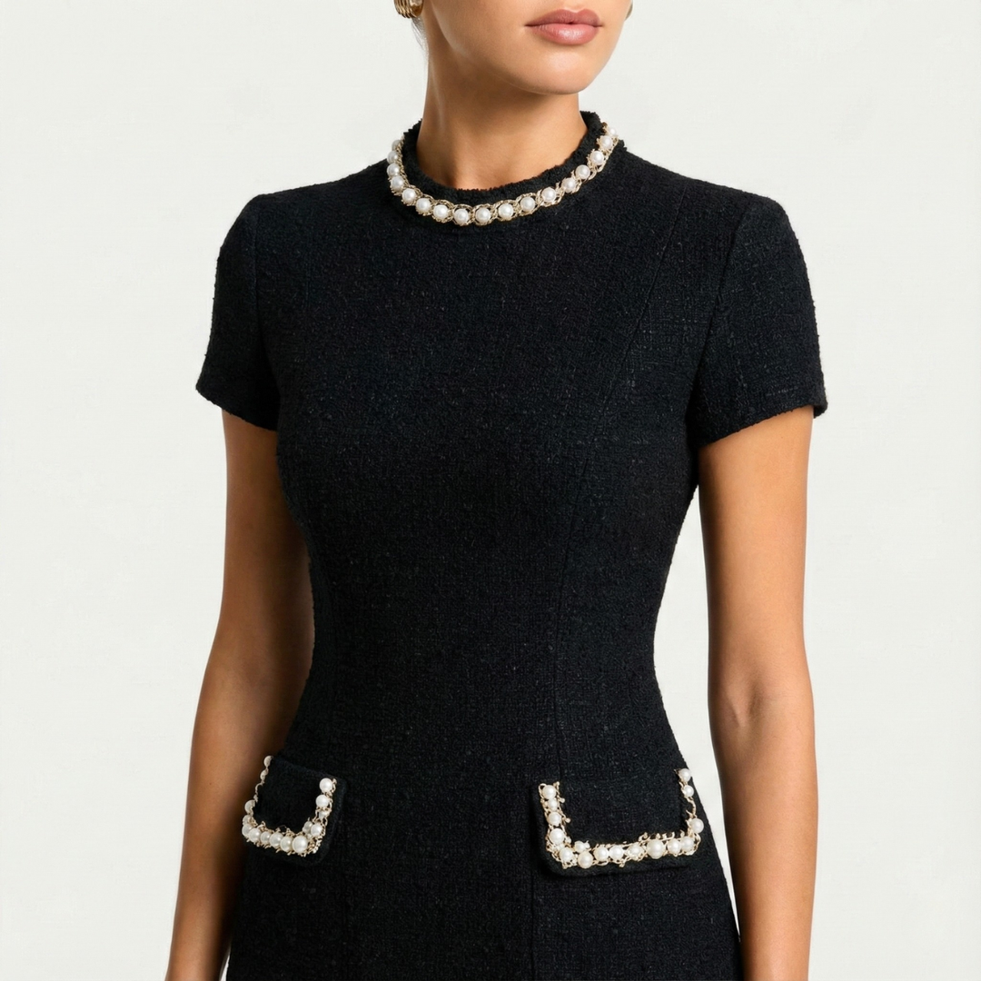 Cecelia | Pearl Trim Tweed Cap Sleeve Formal Dress