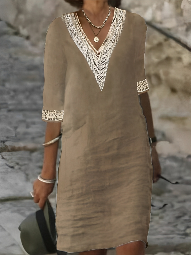 Aegean | Lace Trim V-Neck Linen Summer Dress
