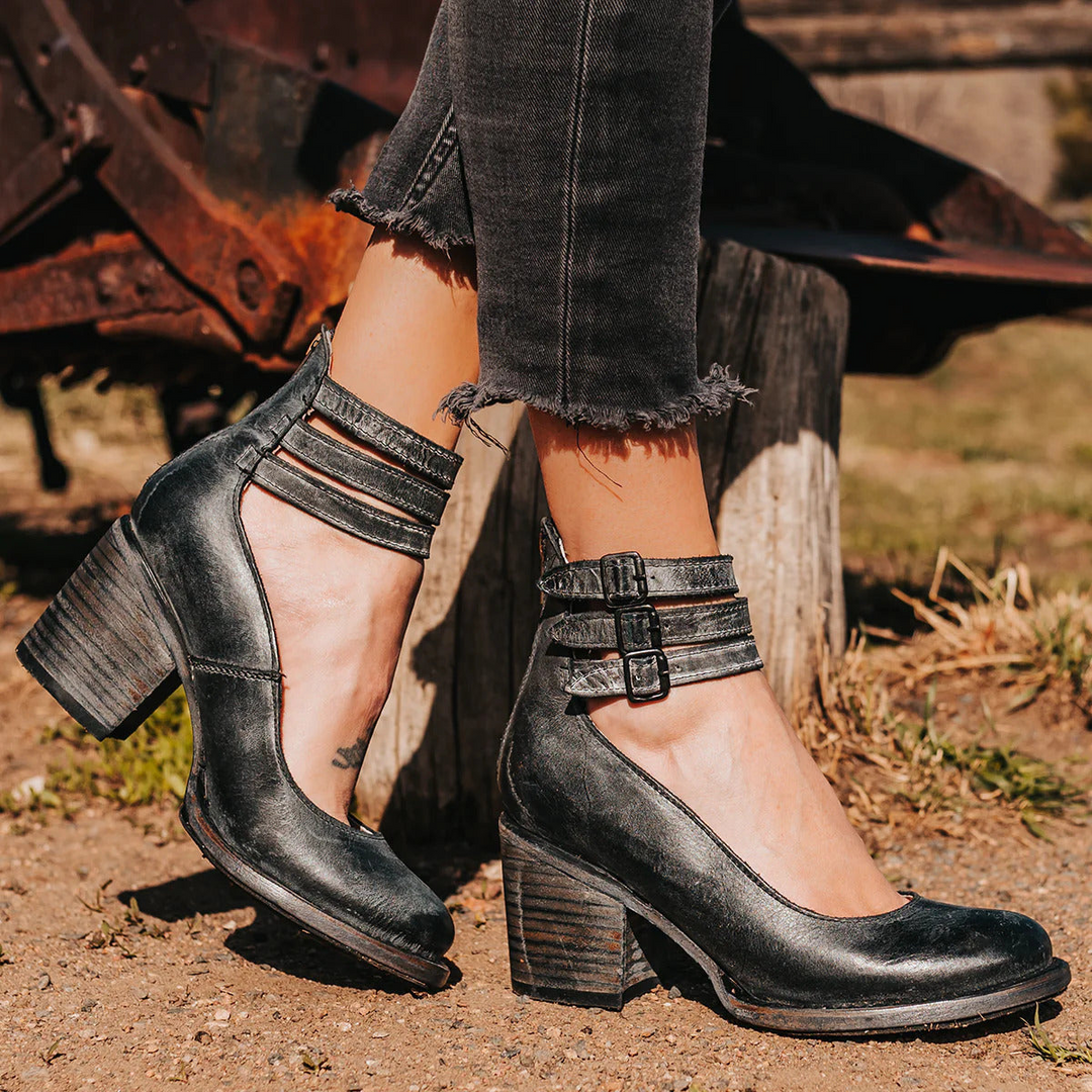 Mustang | Double Buckle Ankle Strap Stacked Block Heels