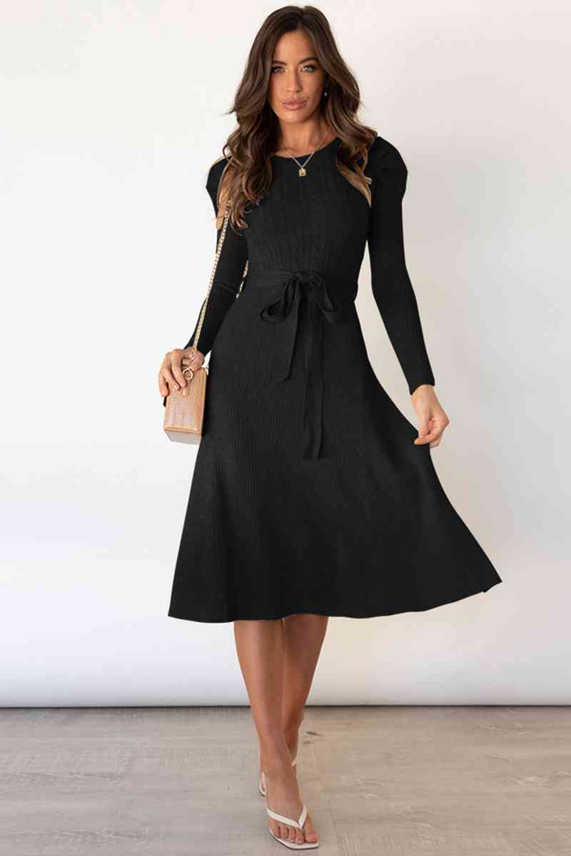 Audrey | Women's Cable Knit Dress with Puff Shoulders
