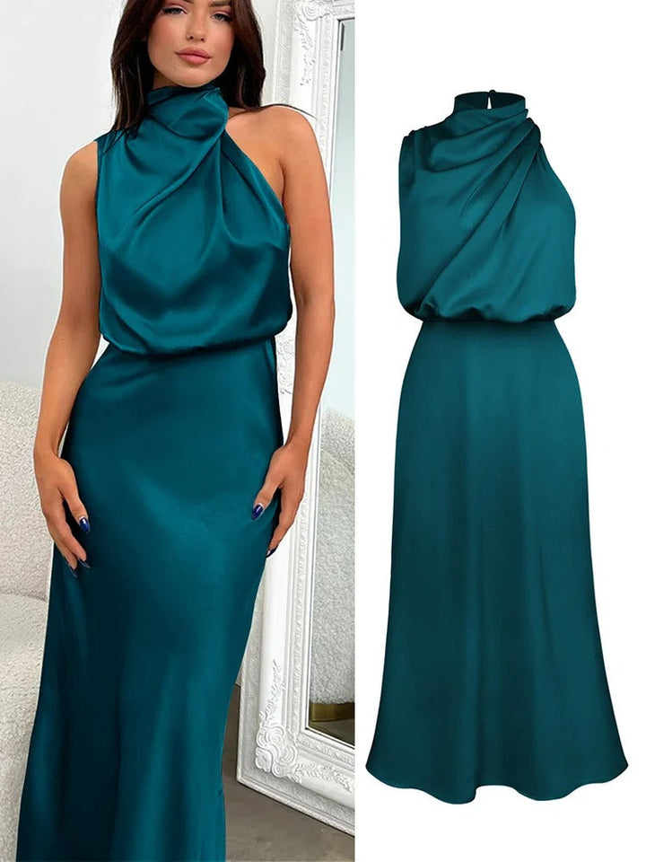 Odessa | Cowl Drape Satin Halter Neck Maxi Dress