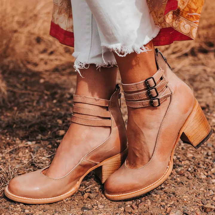 Mustang | Double Buckle Ankle Strap Stacked Block Heels