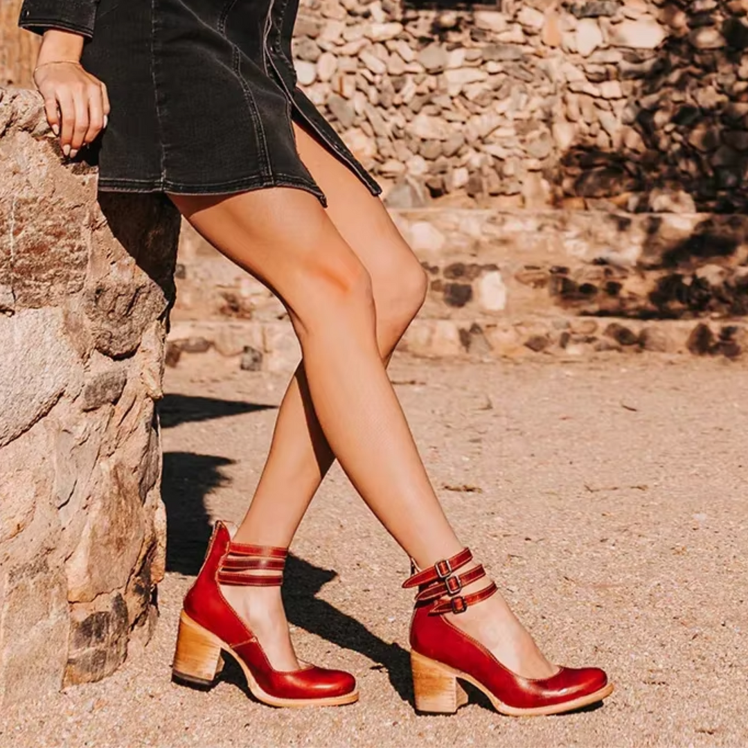 Mustang | Double Buckle Ankle Strap Stacked Block Heels