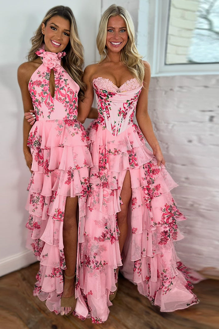 Juliette | Strapless Floral Print Corset Tiered Wedding Guest Dress