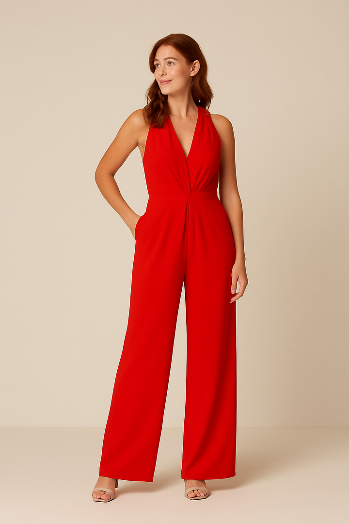 Ashford | Plunge Halter Neck Jumpsuit with Wide Leg Trousers and Pockets