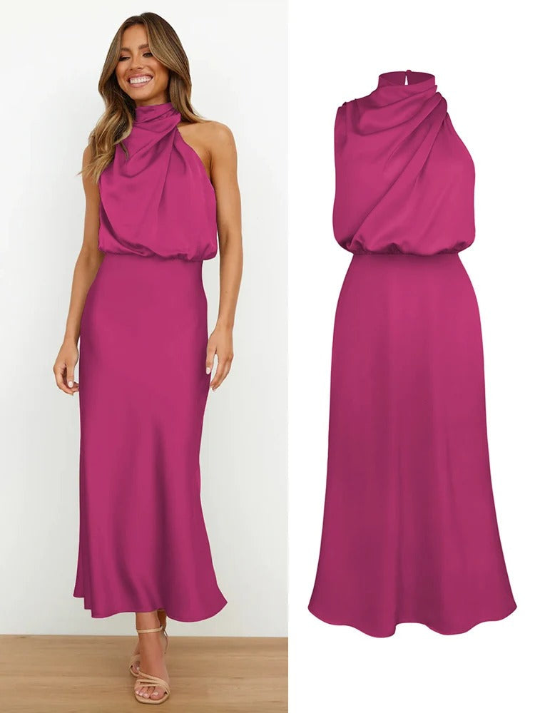 Odessa | Cowl Drape Satin Halter Neck Maxi Dress