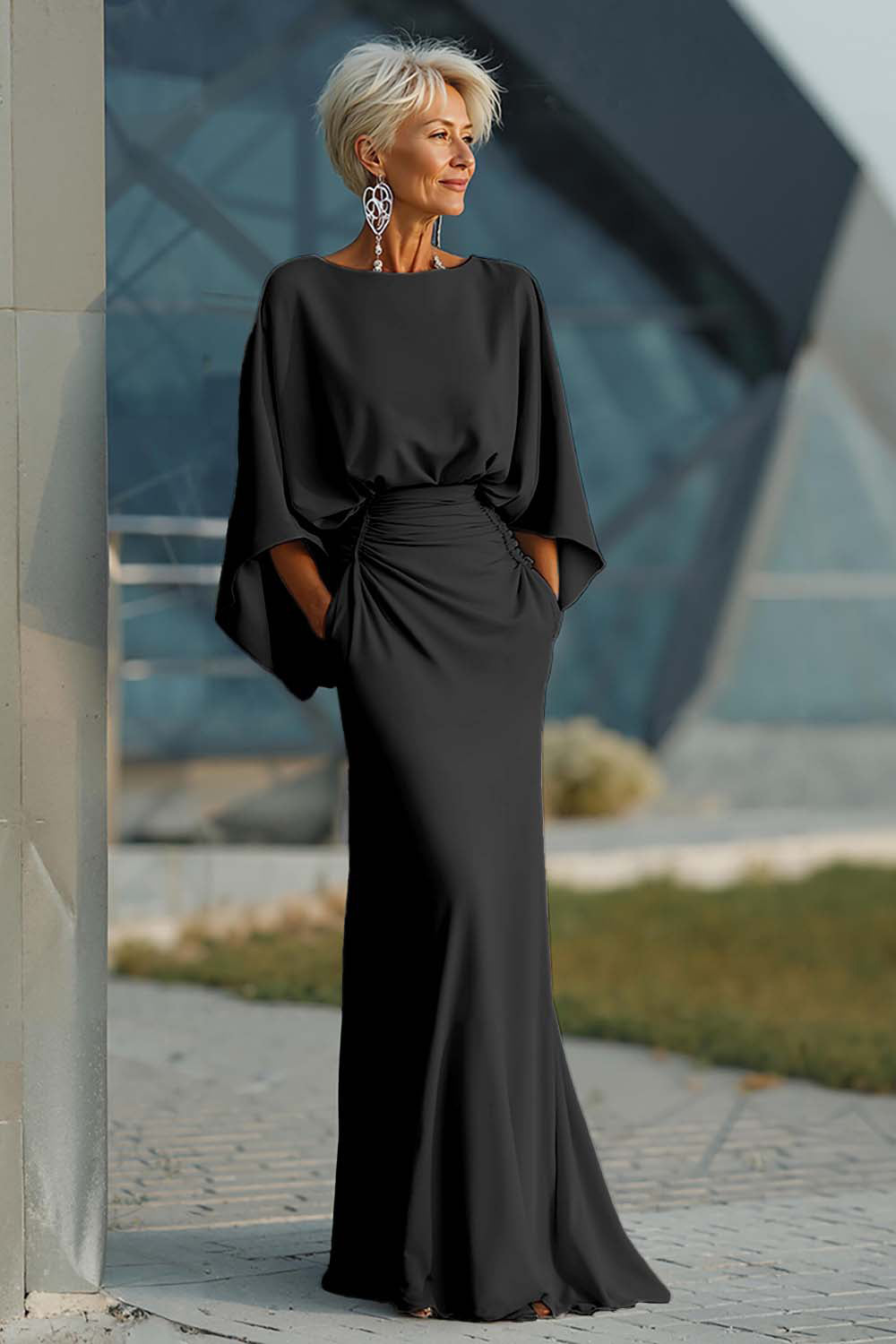 Celeste | Batwing Sleeve Ruched Waist Wedding Guest Dress