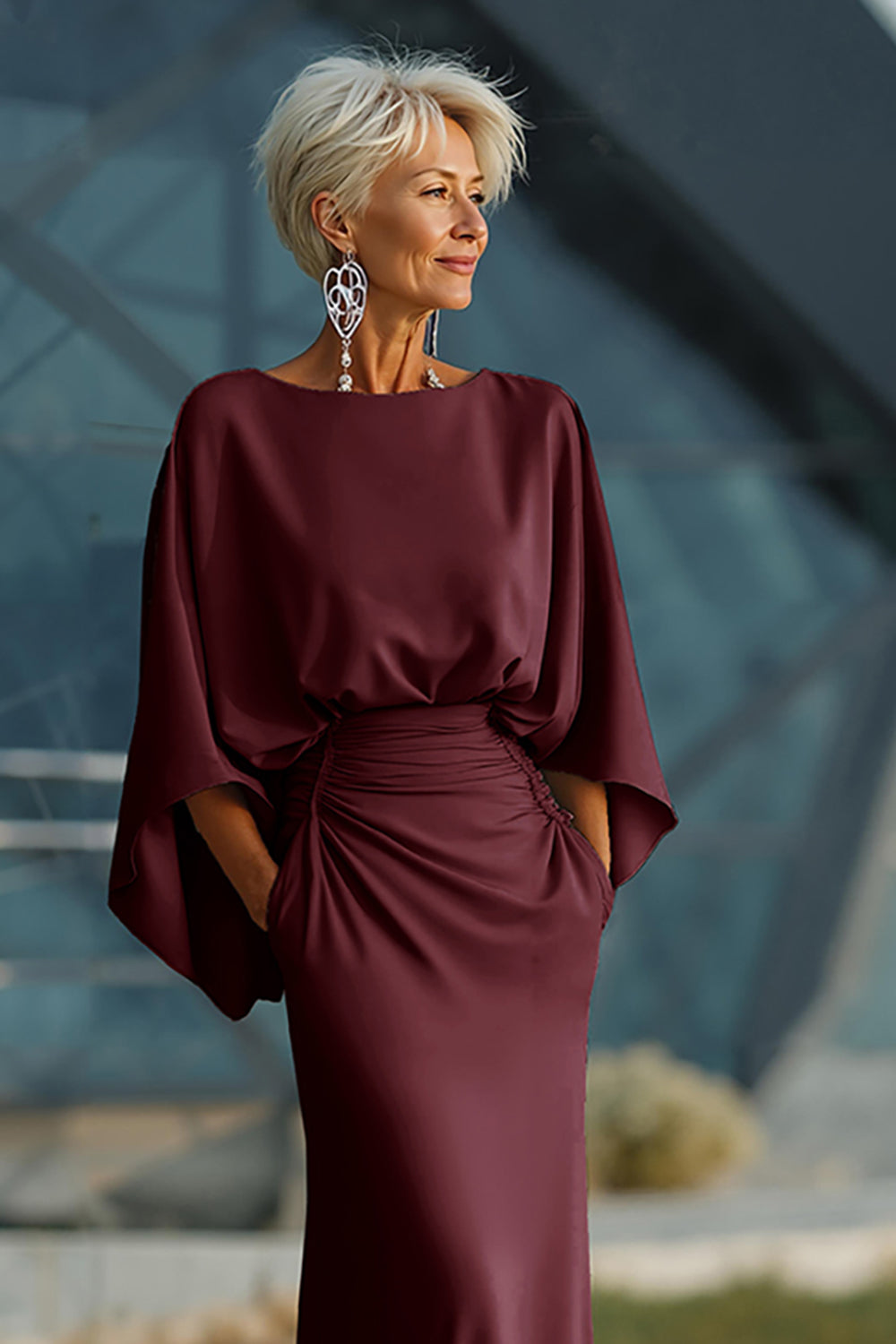 Celeste | Batwing Sleeve Ruched Waist Wedding Guest Dress