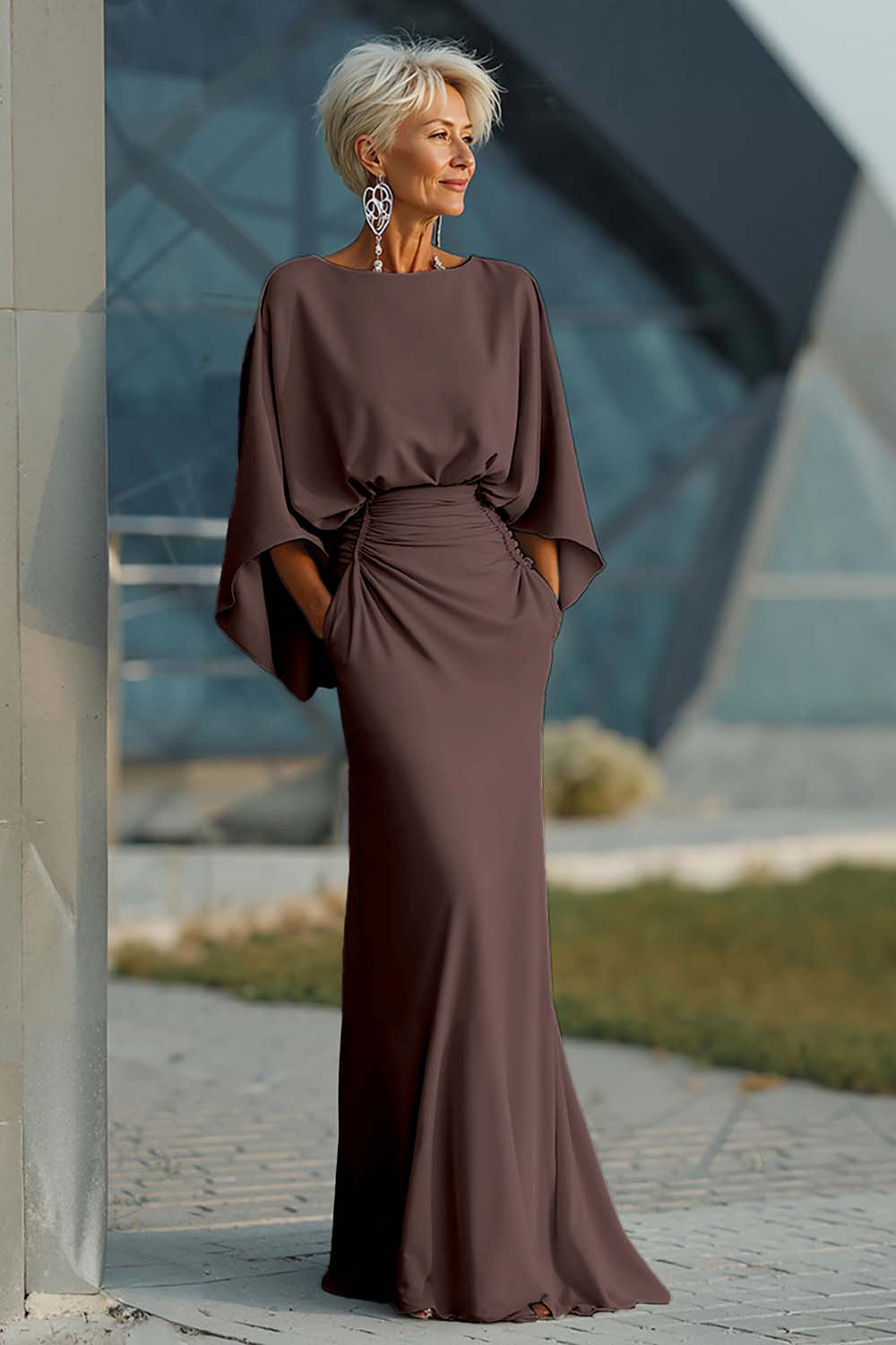 Celeste | Batwing Sleeve Ruched Waist Wedding Guest Dress