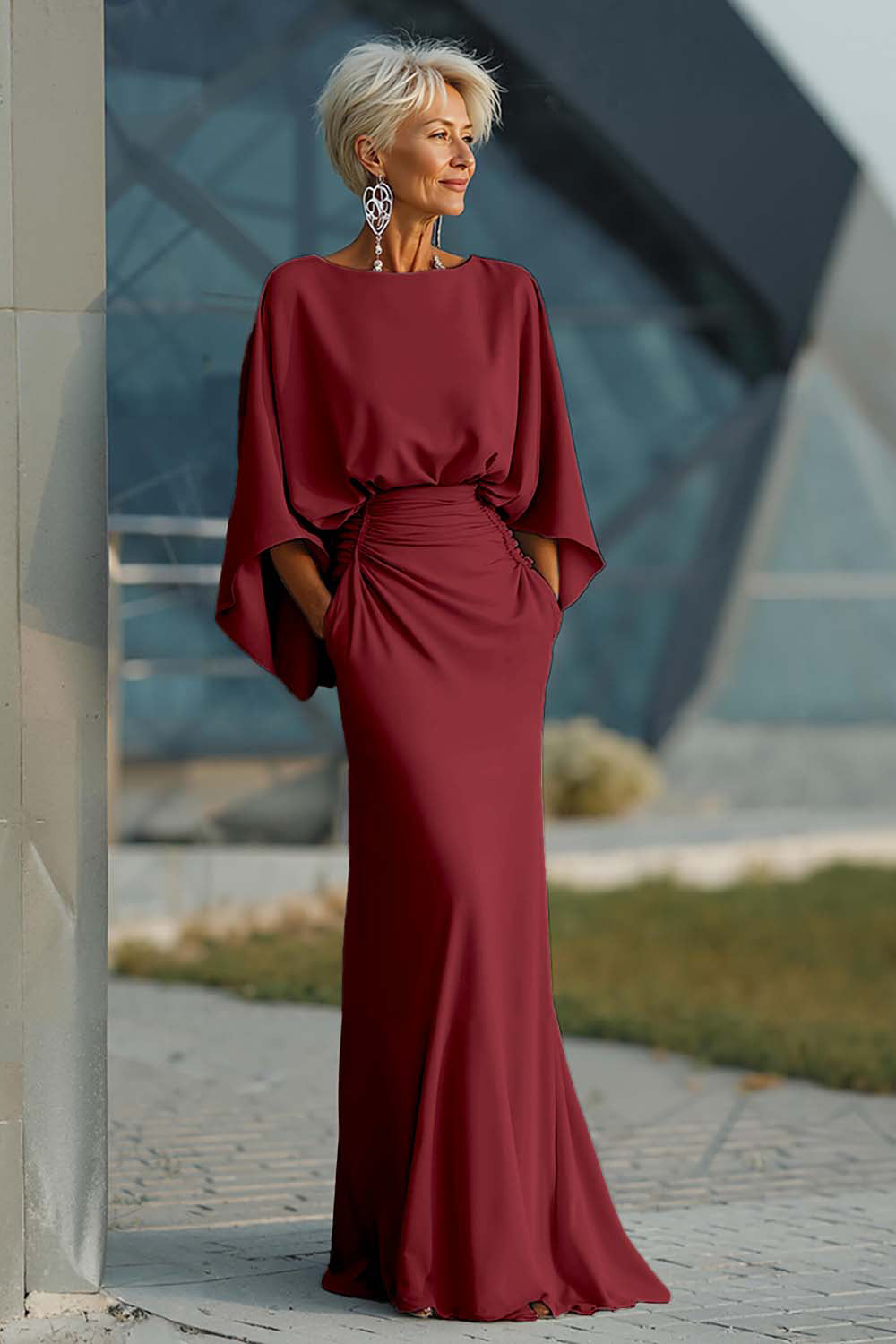 Celeste | Batwing Sleeve Ruched Waist Wedding Guest Dress