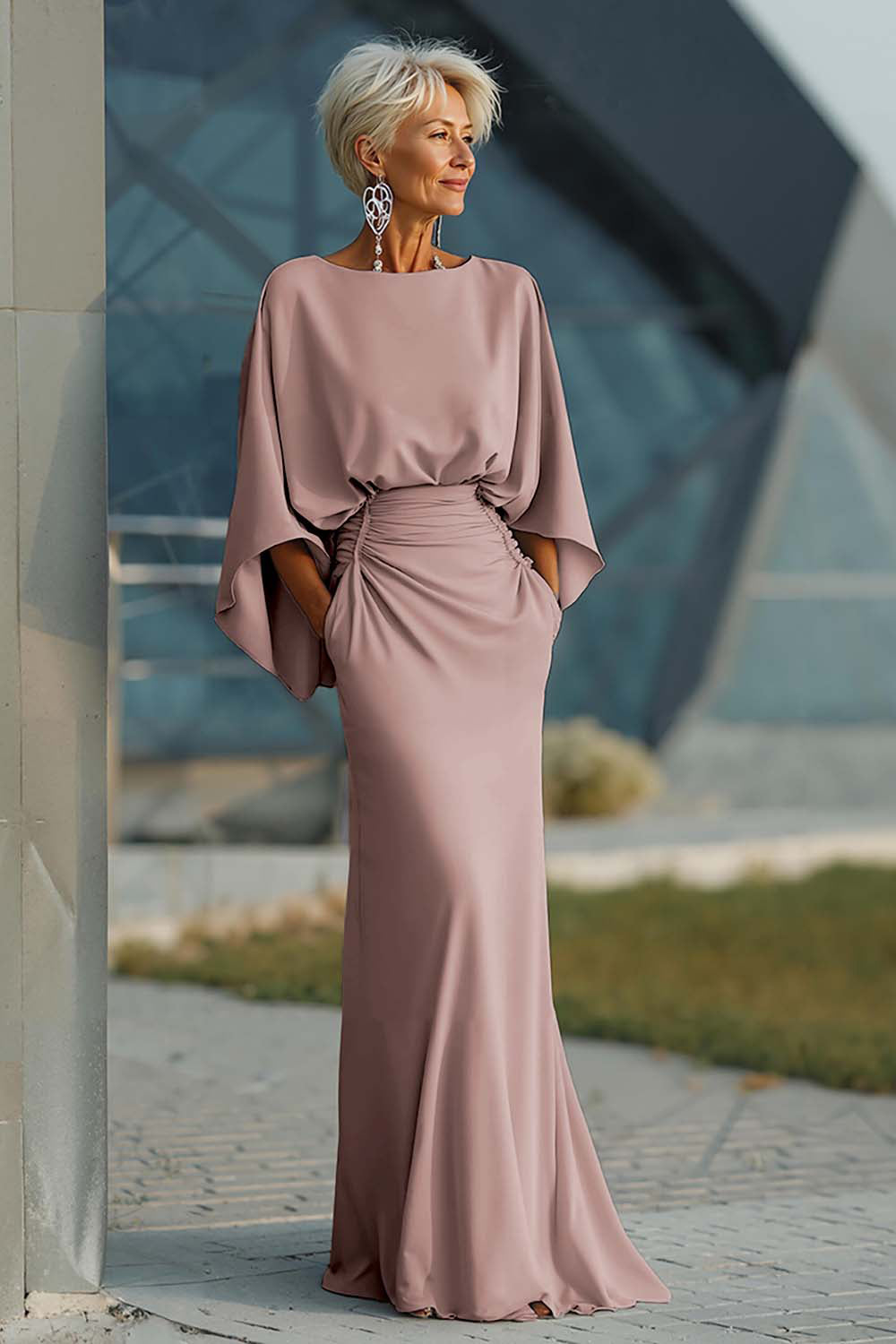 Celeste | Batwing Sleeve Ruched Waist Wedding Guest Dress