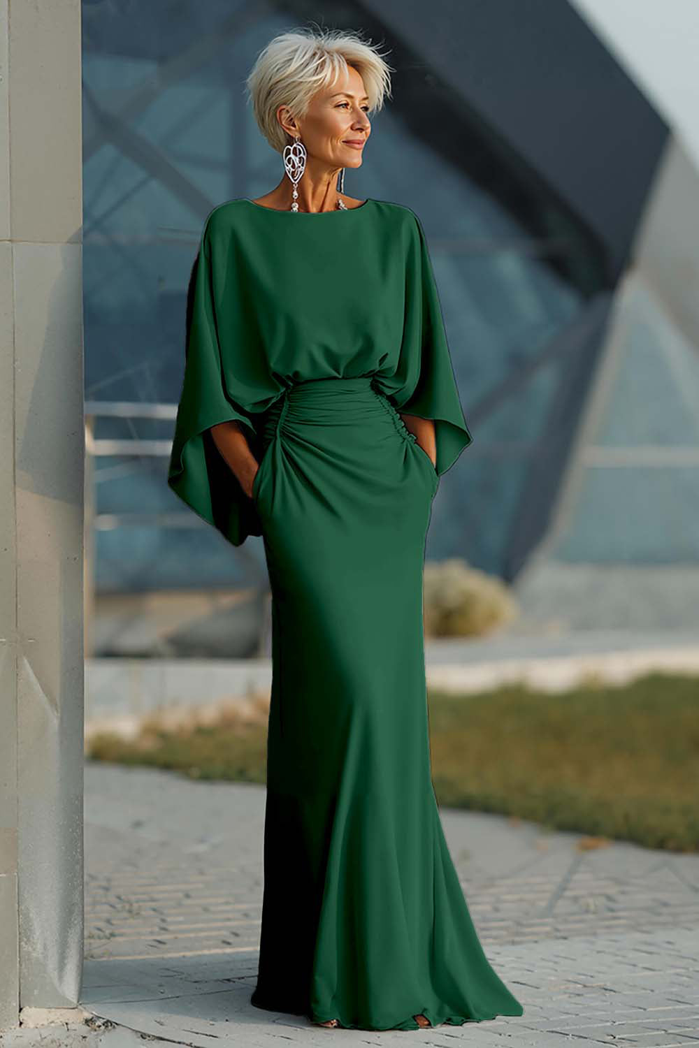 Celeste | Batwing Sleeve Ruched Waist Wedding Guest Dress