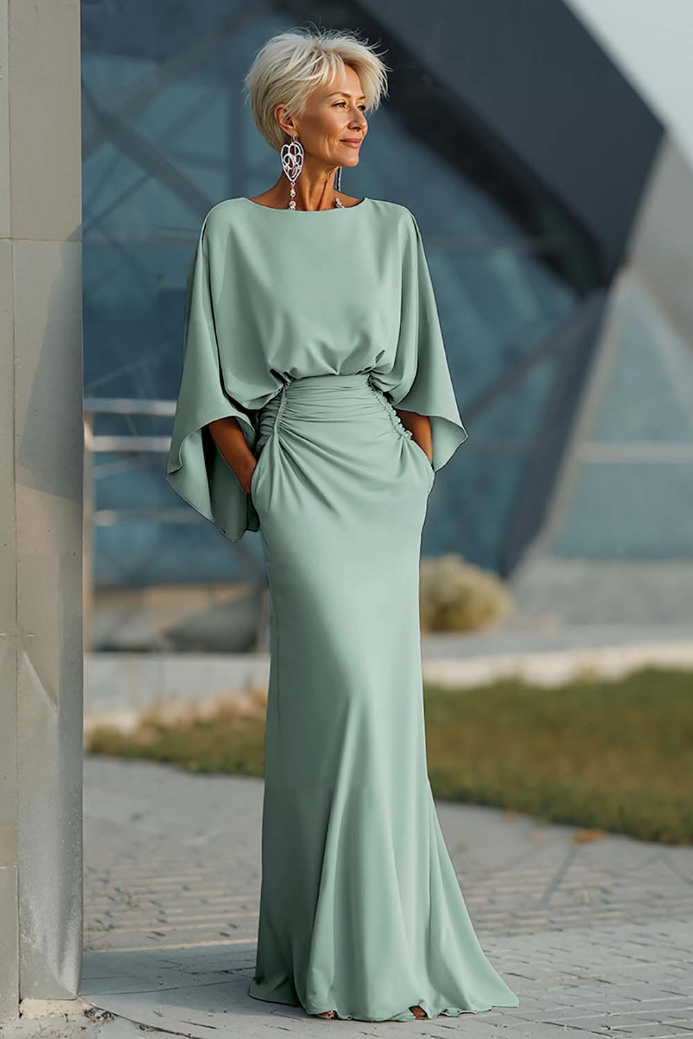 Celeste | Batwing Sleeve Ruched Waist Wedding Guest Dress