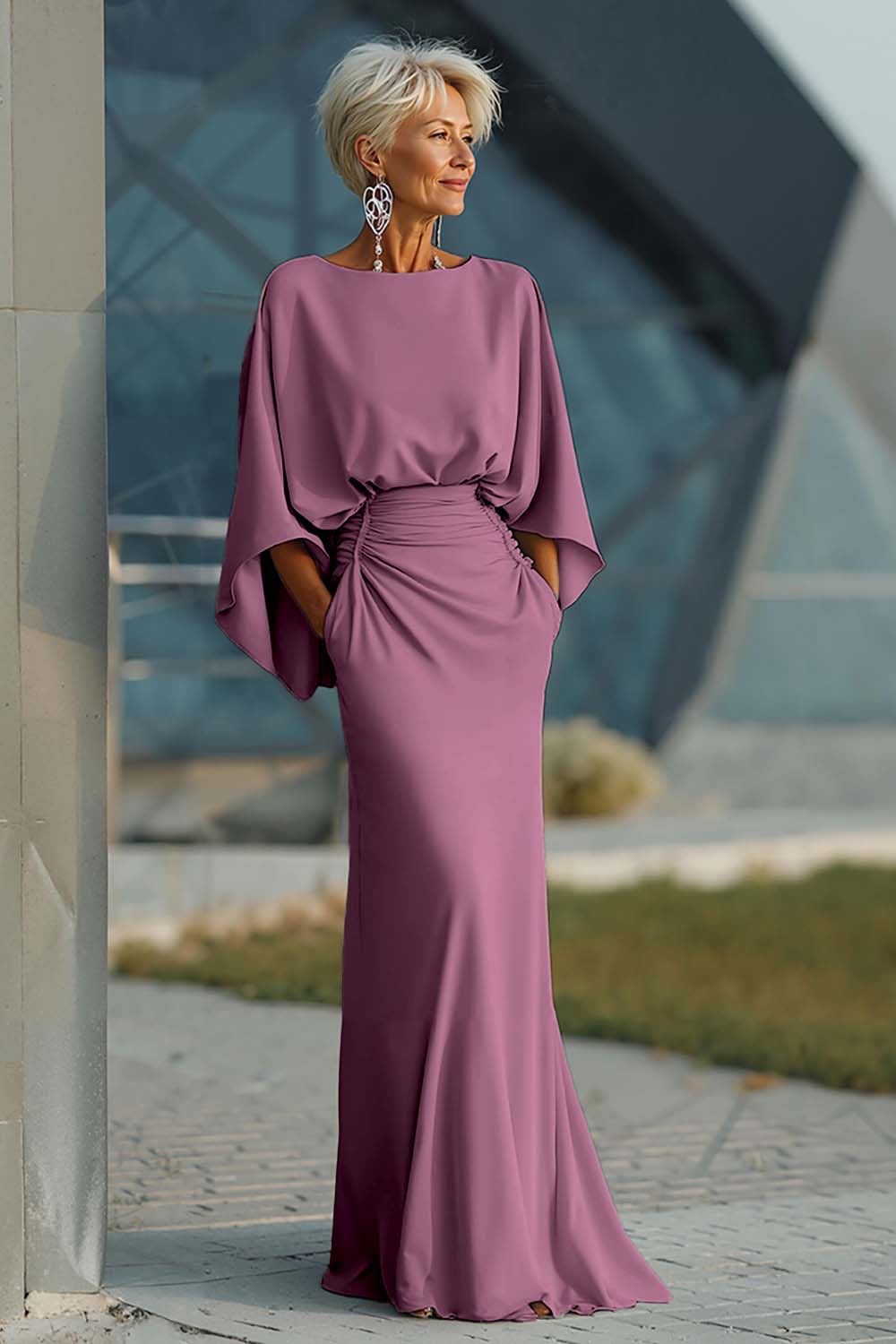 Celeste | Batwing Sleeve Ruched Waist Wedding Guest Dress
