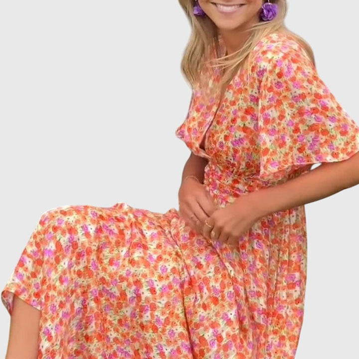 Soleil | Floral Pleated Maxi V-Neck Summer Dress