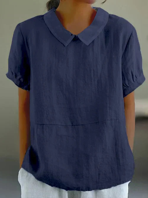 Dovecollar | Contrast Peter Pan Collar Short Sleeve Linen Blouse
