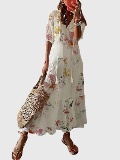 Izara | Ikat Print Tassel Tie Maxi Summer Dress