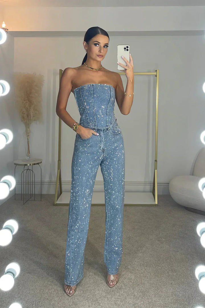 Onyx | Strapless Sequin Jumpsuit with Straight Leg Trousers
