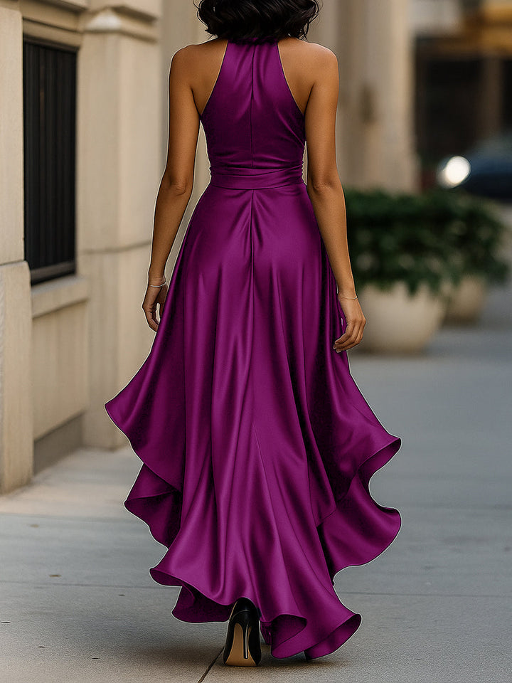 Nadine | Halter Neck Satin Maxi Dress with Bow Tie and Ruffle Hem