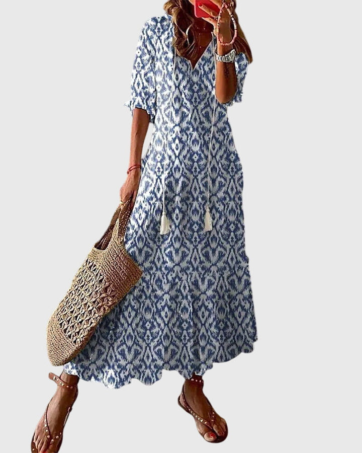 Izara | Ikat Print Tassel Tie Maxi Summer Dress