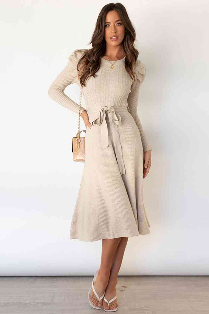 Audrey | Women's Cable Knit Dress with Puff Shoulders