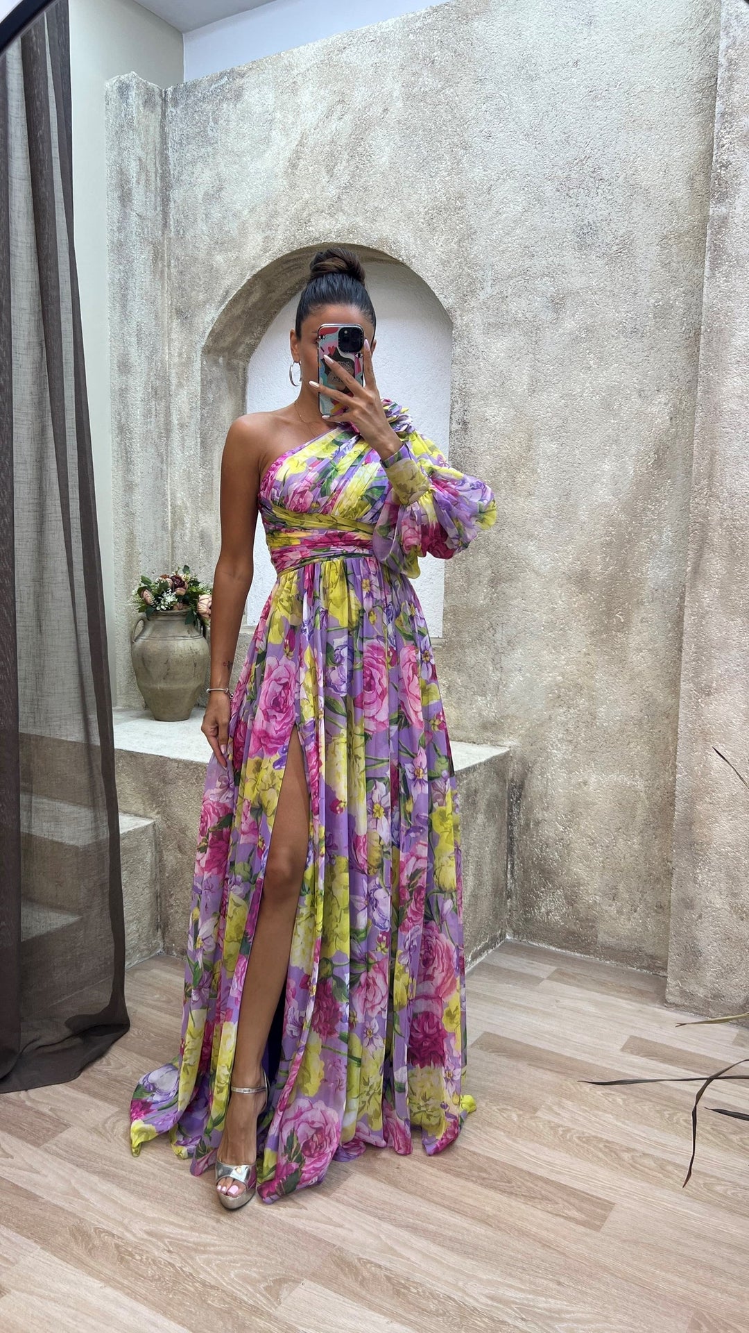 Seraphina | One Shoulder Floral Maxi Dress with Thigh Split